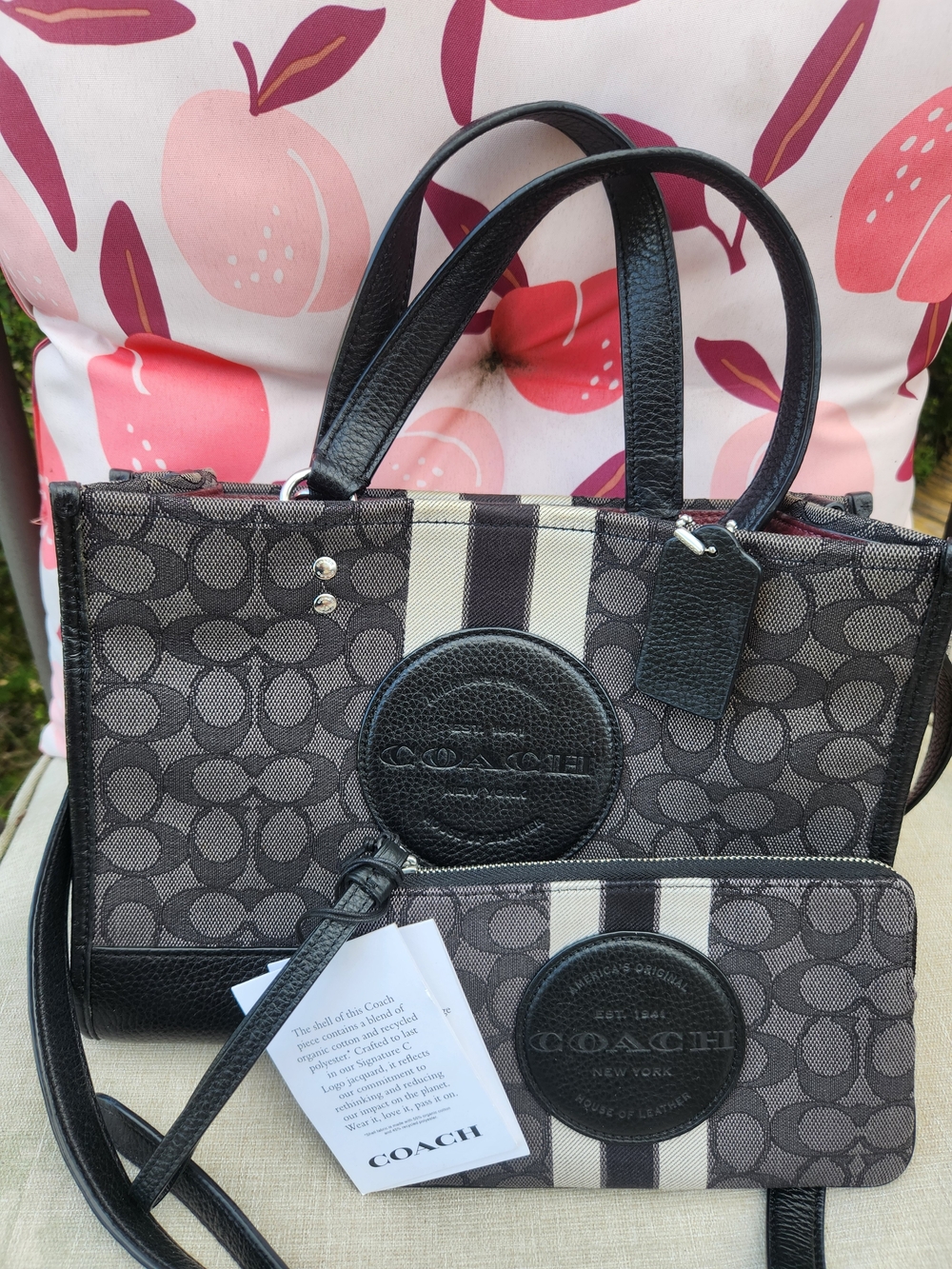 Coach Black & Cream Signature Stripe Tote with Matching Wristlet